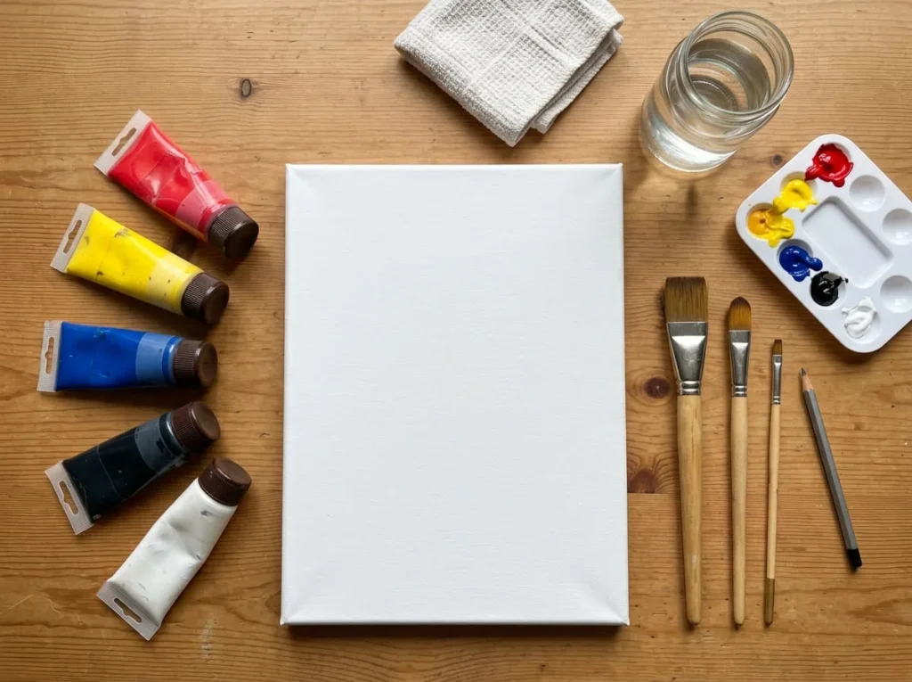 Pre-primed canvas, acrylic paints, paintbrushes, palette, and water container arranged for beginner painting.