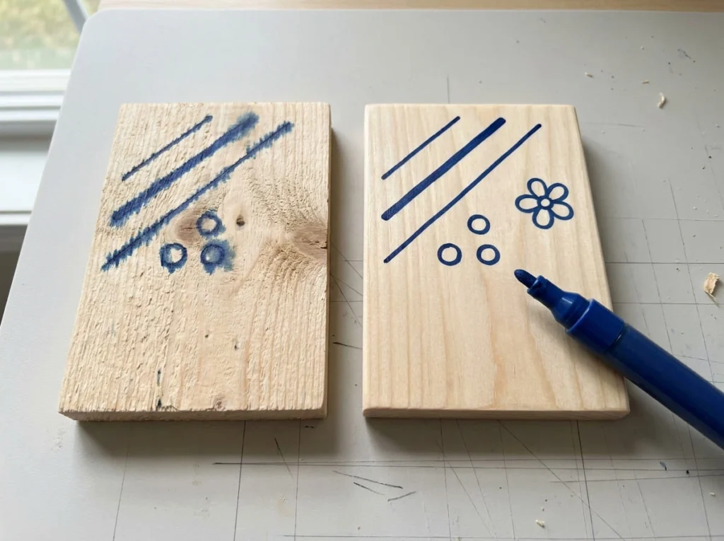 Comparison of blurry acrylic paint pen lines on porous wood and cleaner lines on properly prepared wood.