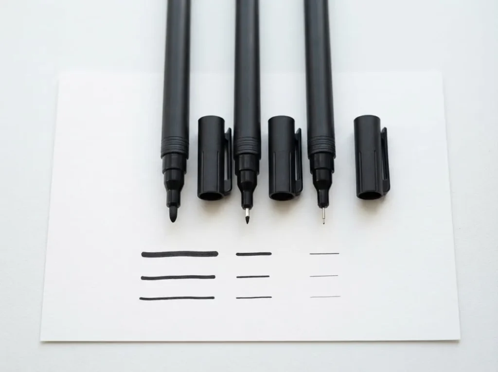 Fine point, extra-fine, and ultra-fine acrylic paint pen nibs beside different thin line samples