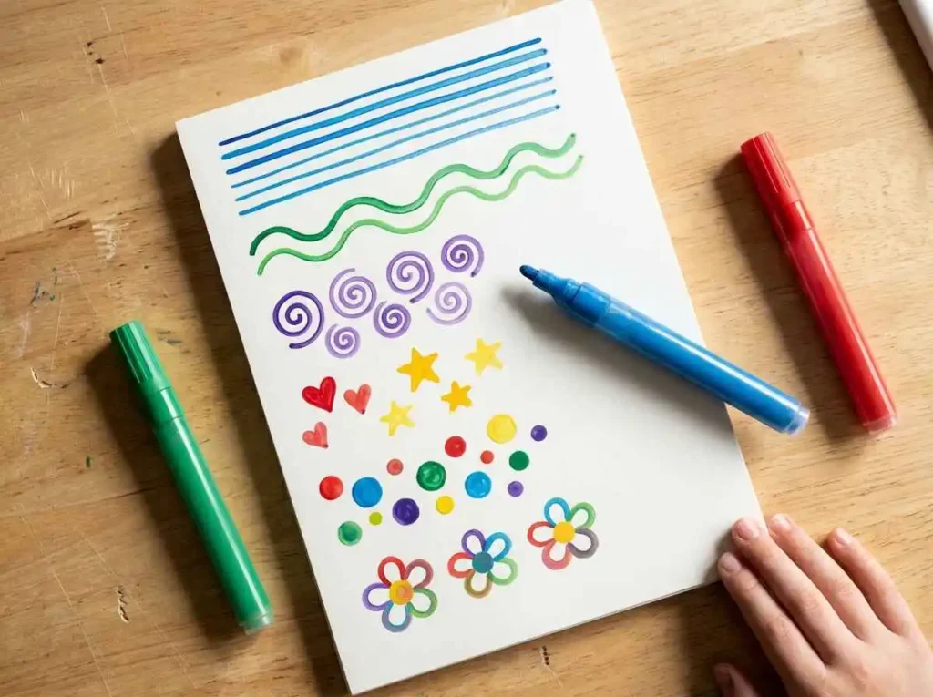 Practice sheet showing straight lines, curves, circles, dots, hearts, and flowers drawn with acrylic paint pens.
