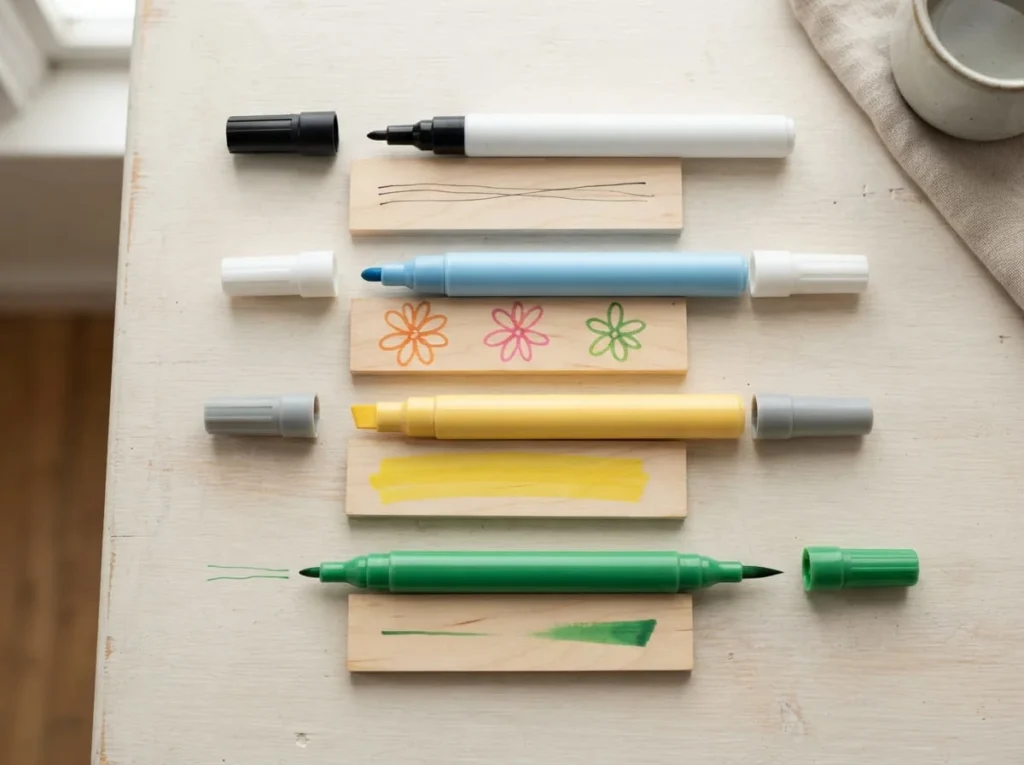 Different acrylic paint pen tip styles including fine, medium, broad chisel, and dual tips for wood crafts.