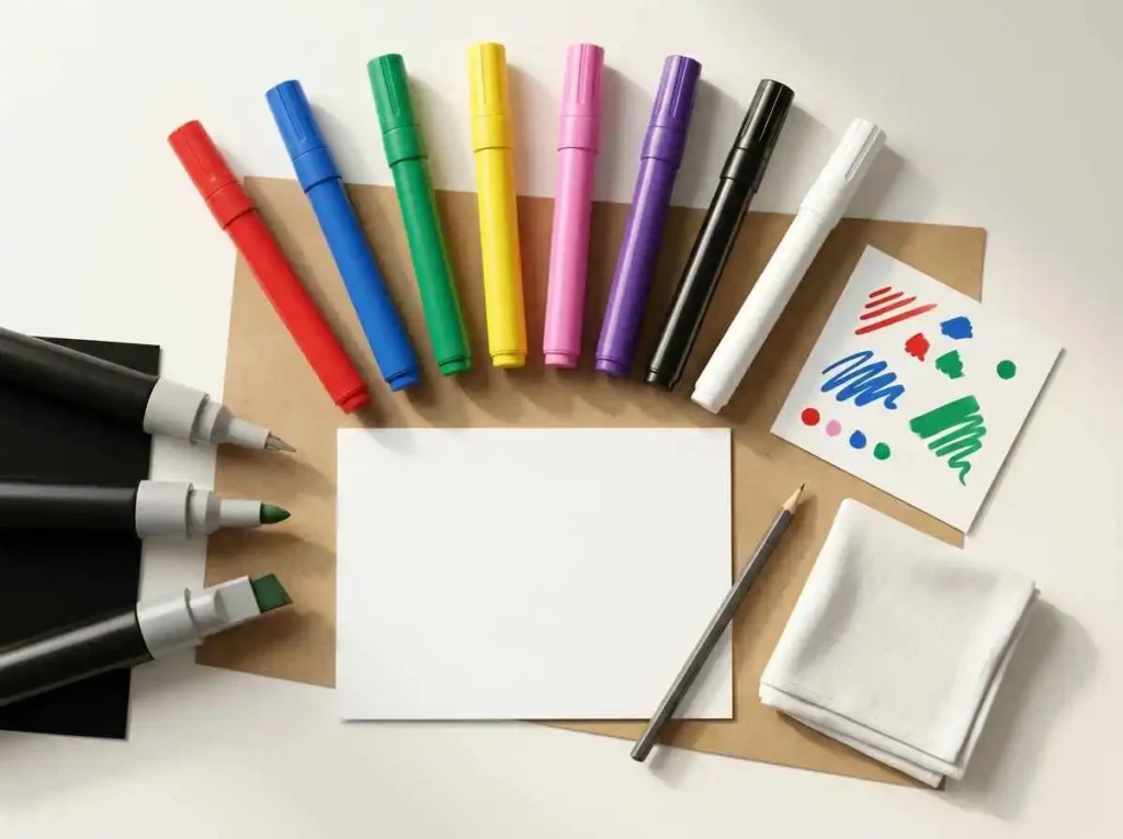 Acrylic paint pens, cardstock, scrap paper, pencil, and cleaning cloth arranged for a beginner painting project.