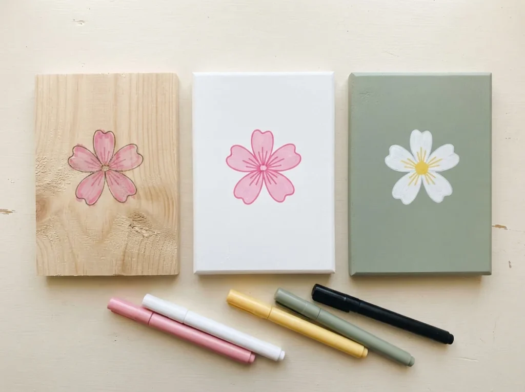 Acrylic paint pen floral designs on unfinished, primed, and painted wooden sample boards.