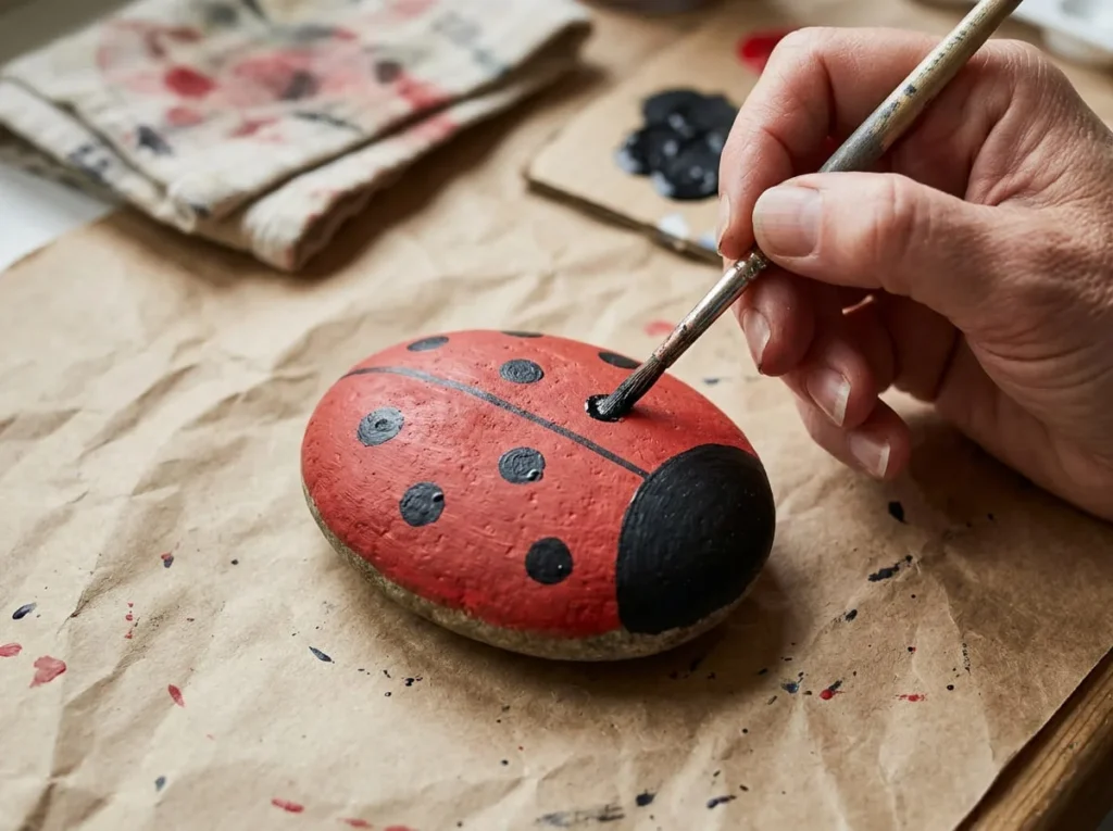 Close-up of a detail brush painting black spots on a red ladybug garden rock.