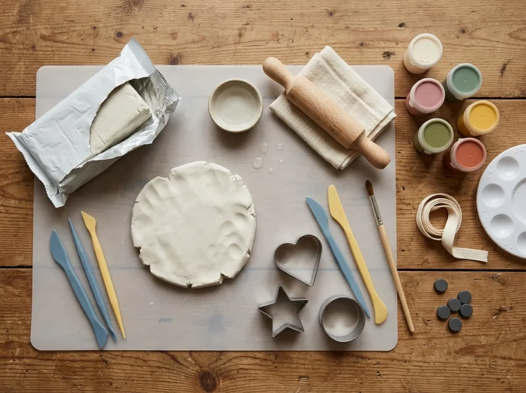 Air-dry clay, rolling pin, shape cutters, modeling tools, acrylic paints, and ribbon arranged on a craft table.