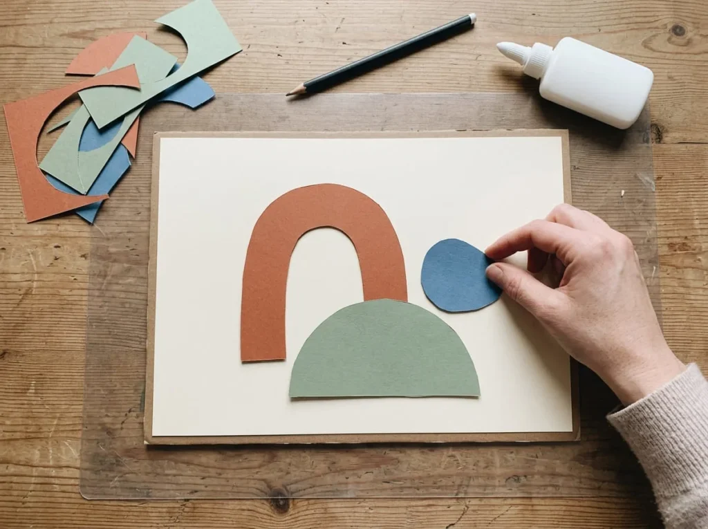 Adult arranging overlapping terracotta, sage green, and muted blue paper shapes on a cream cardboard-backed artwork.