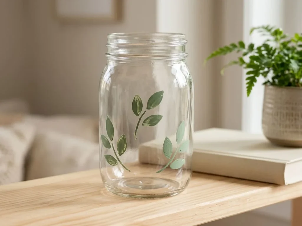 Transparent mason jar with simple sage green leaf shapes stenciled on the exterior glass.