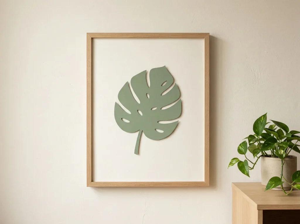 Large sage green paper leaf silhouette on an ivory background displayed as handmade botanical wall art.