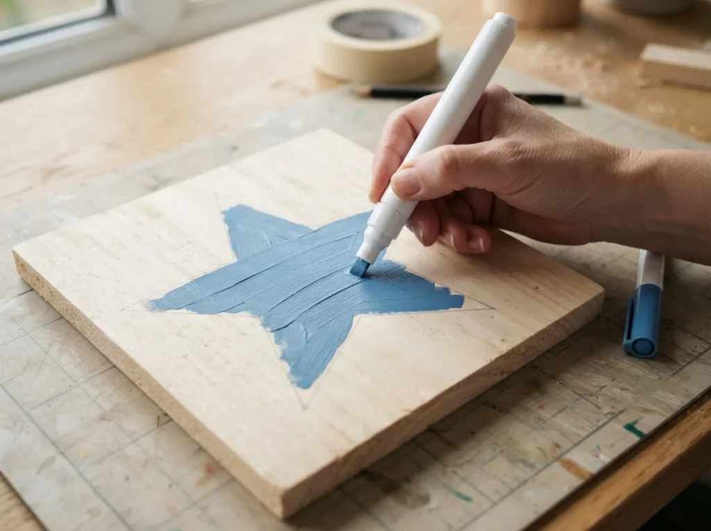 Broad chisel-tip acrylic paint marker coloring a large blue star on a wooden craft sign.