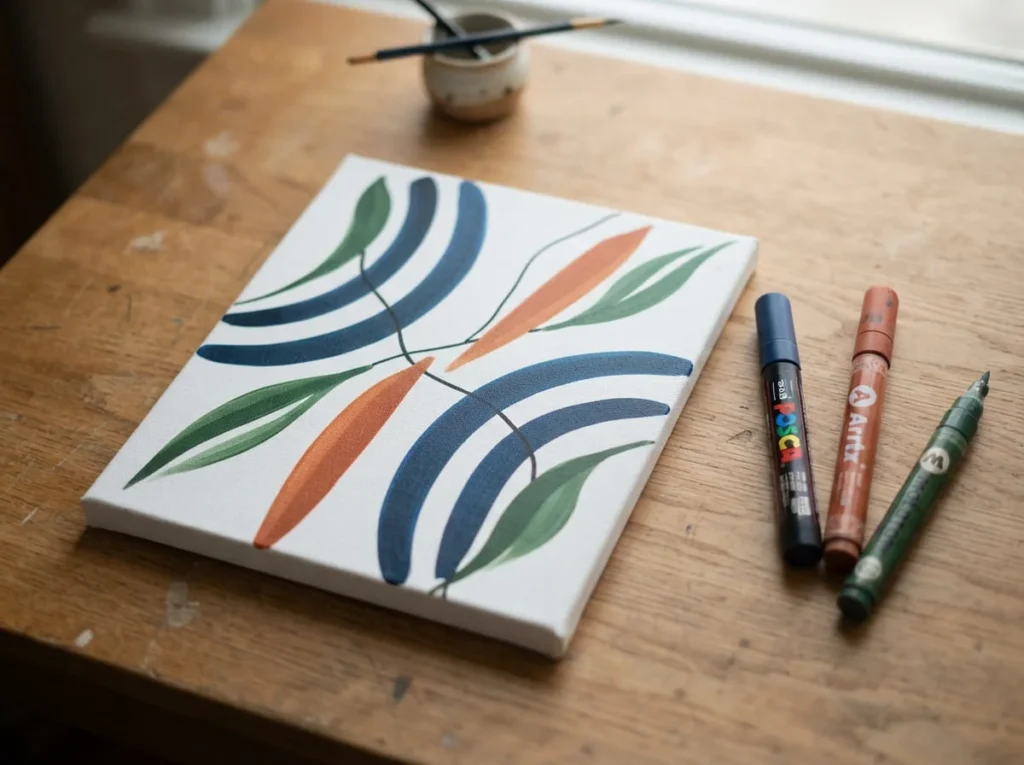 Mini canvas with expressive blue, orange, and green brush tip paint marker strokes