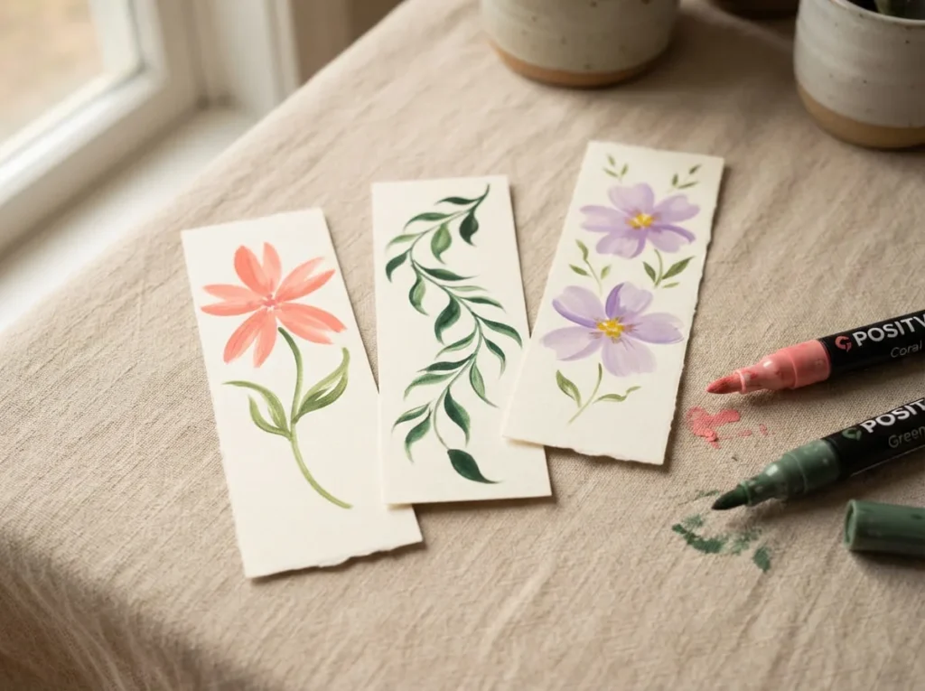 Handmade floral bookmarks with pink brush-painted petals and green tapered leaf strokes