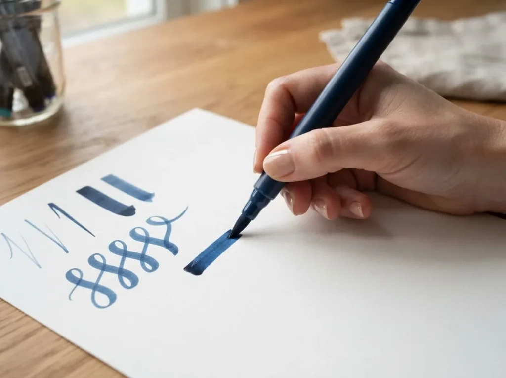 Hand using a flexible brush tip paint marker to create thin upstrokes and thick downstrokes
