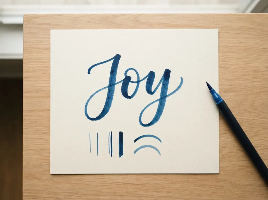 Handmade brush lettering spelling Joy with variable-width blue paint marker strokes