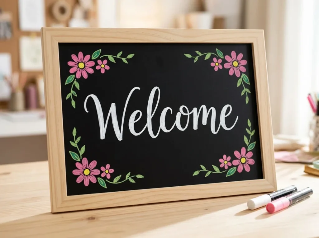 Handmade welcome sign with white chalk marker lettering and colourful floral decorations