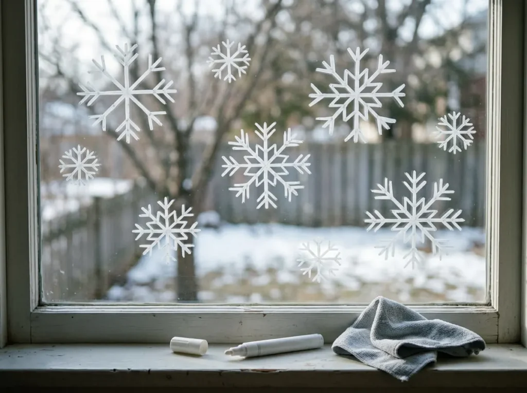 White liquid chalk marker snowflakes drawn on a clear glass window for seasonal decoration