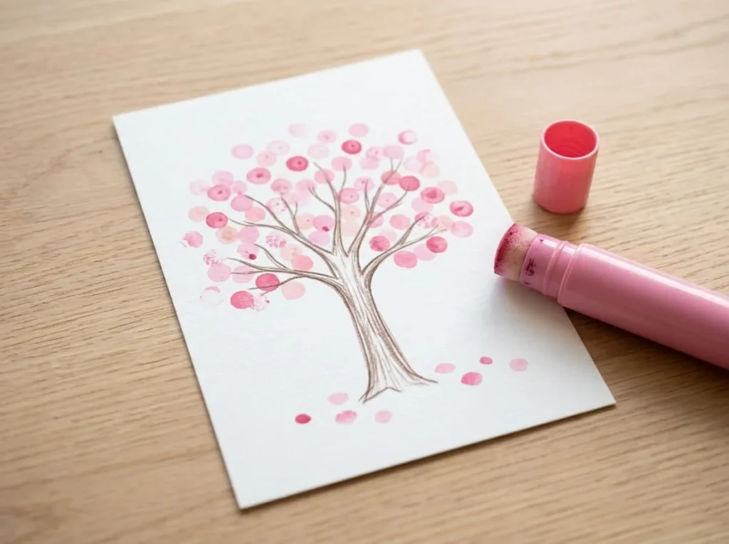 Cherry blossom tree painting with pink dot marker blossoms and hand-drawn branches