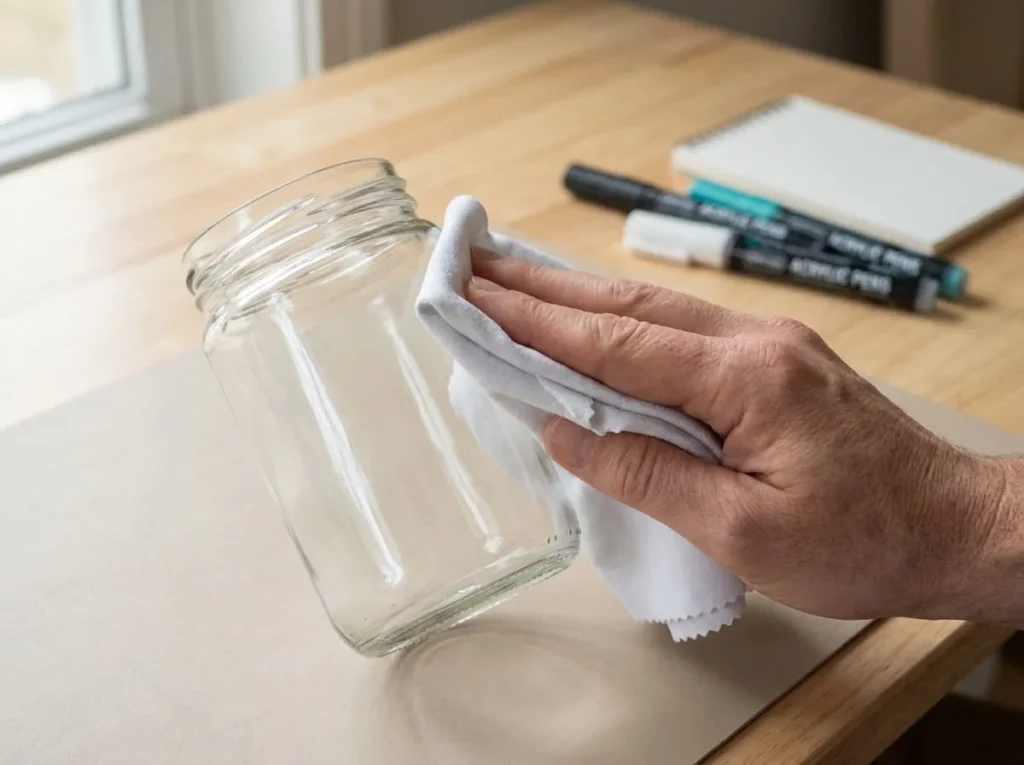 Hand cleaning the outside of a clear glass jar with a lint-free cloth before acrylic paint pen decoration.