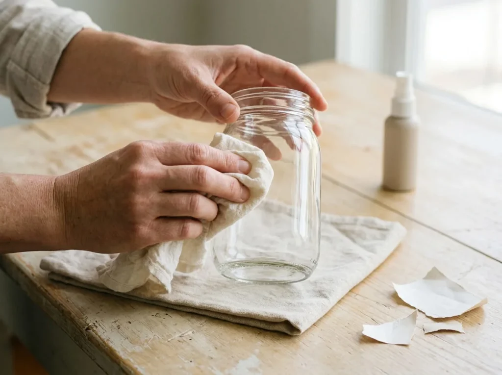 Adult hands drying a clean clear glass mason jar with a soft cloth before painting and decorating.