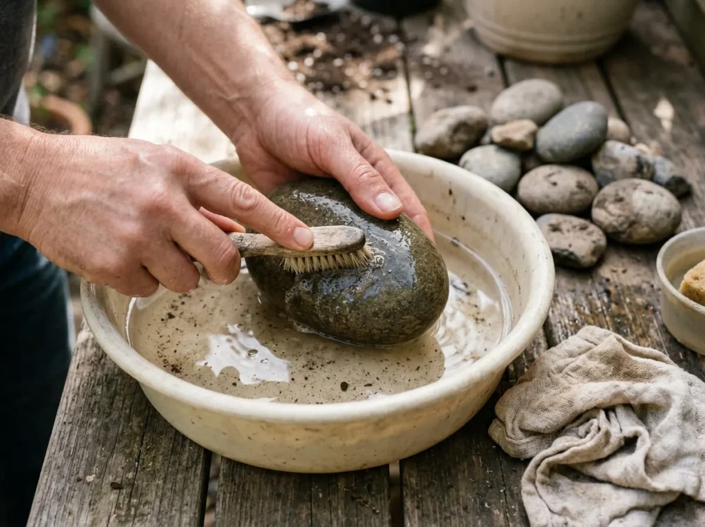 Hands cleaning a smooth natural stone with water and a soft brush before painting garden rocks.