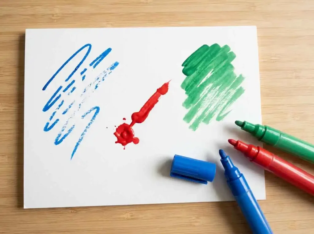 Scrap paper showing patchy lines, excess paint, and uneven acrylic paint pen strokes beside a marker.