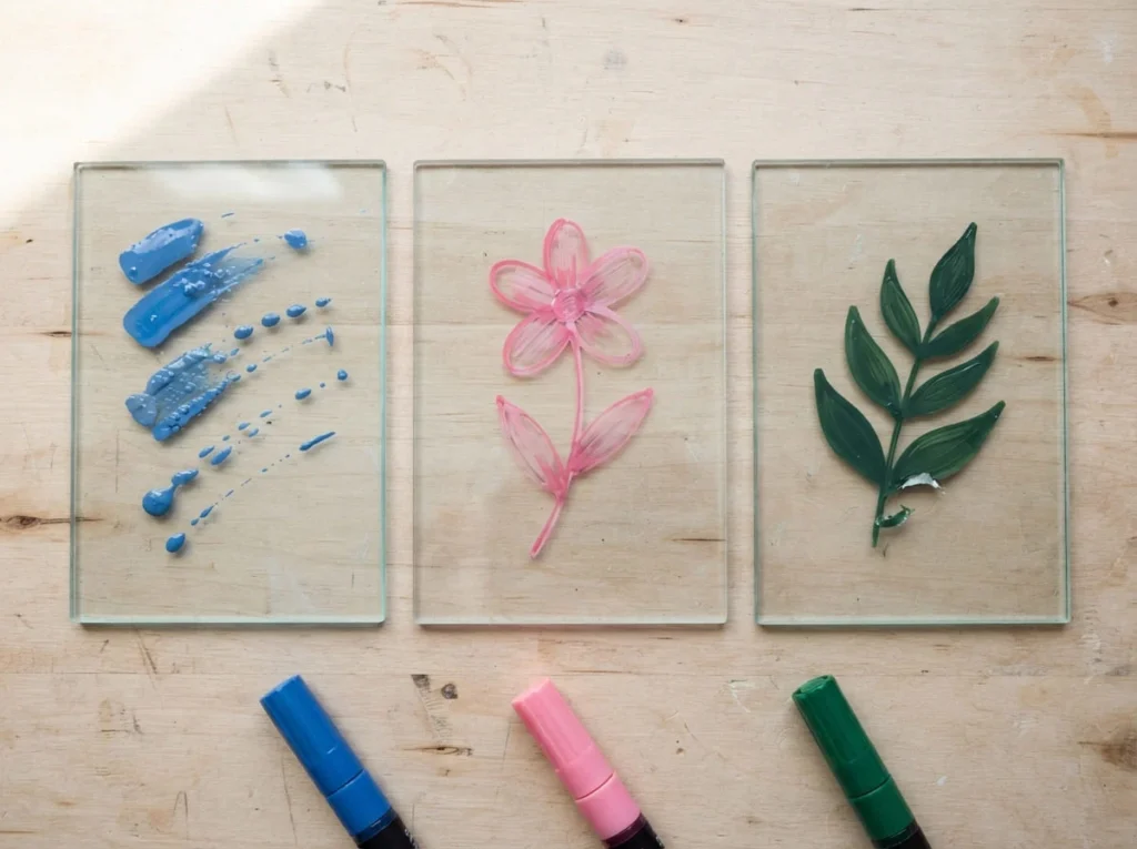 Glass painting test samples showing streaky acrylic paint pen coverage, uneven lines, and peeling paint.