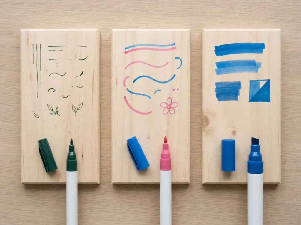 Three wooden sample boards showing thin, medium, and broad acrylic paint pen strokes for comparison.