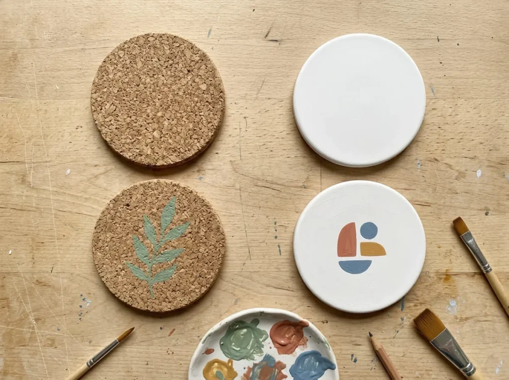 Cork and ceramic coaster blanks with simple acrylic-painted decorations showing different coaster surfaces.