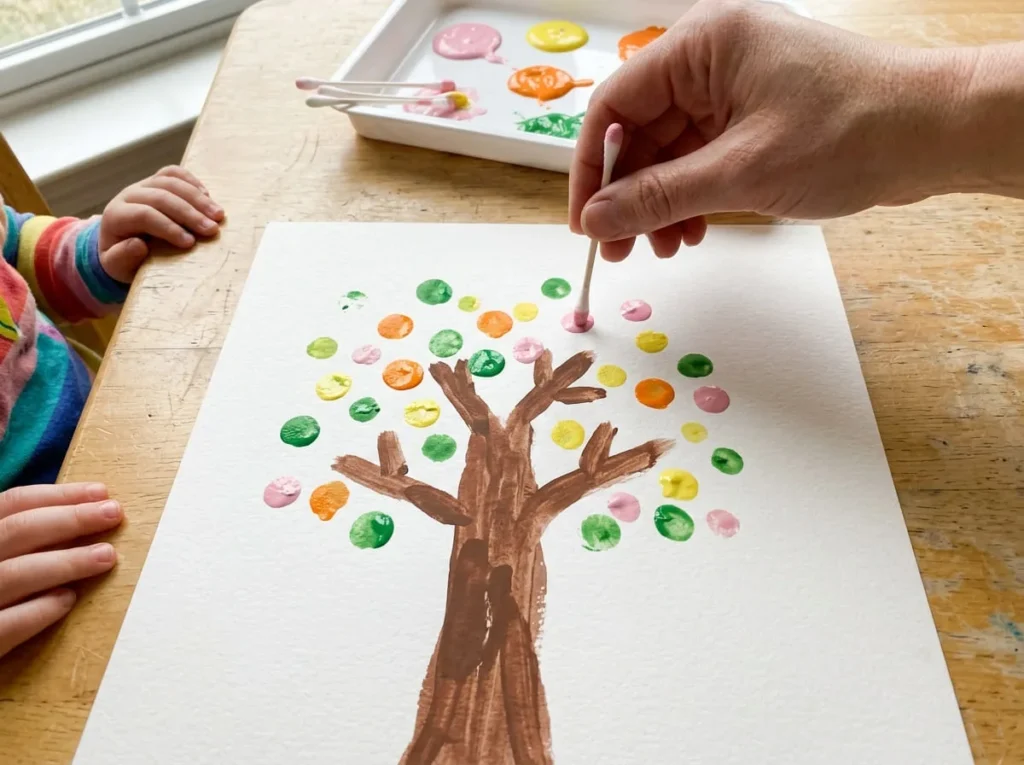 Preschool dot painting of a colorful tree using washable paint and cotton swabs.