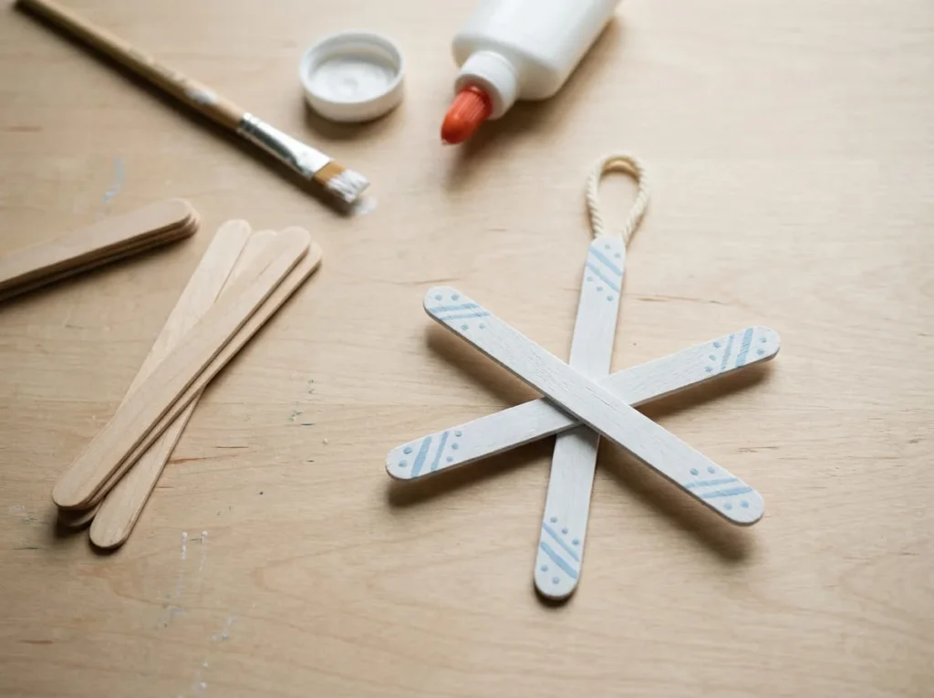 Handmade craft stick snowflake ornament painted white with blue decorative patterns
