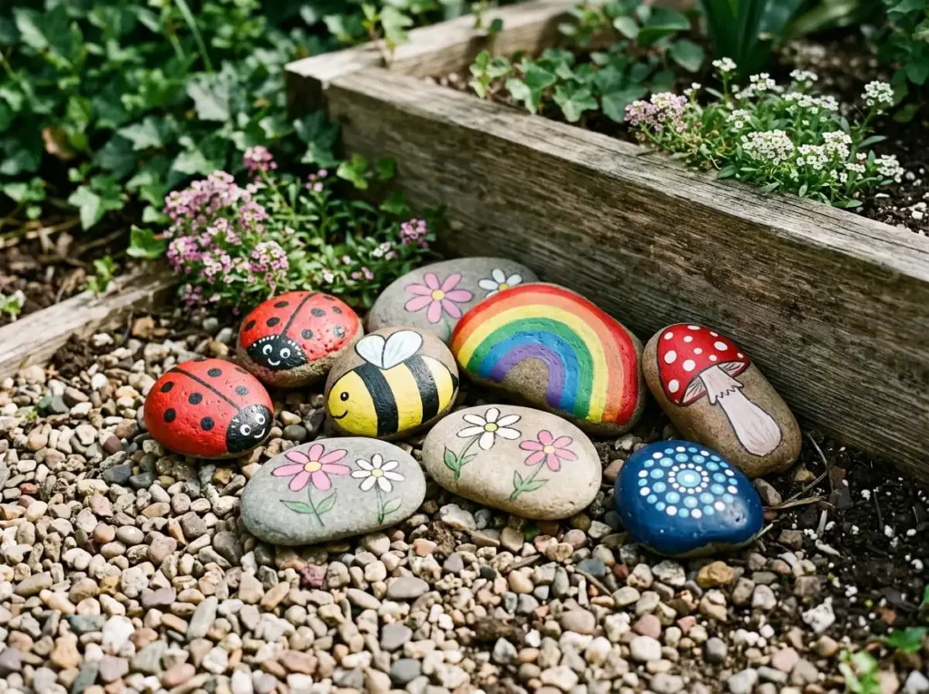 Finished handmade ladybug, bee, flower, rainbow, and mushroom painted rocks arranged in a decorative garden display.