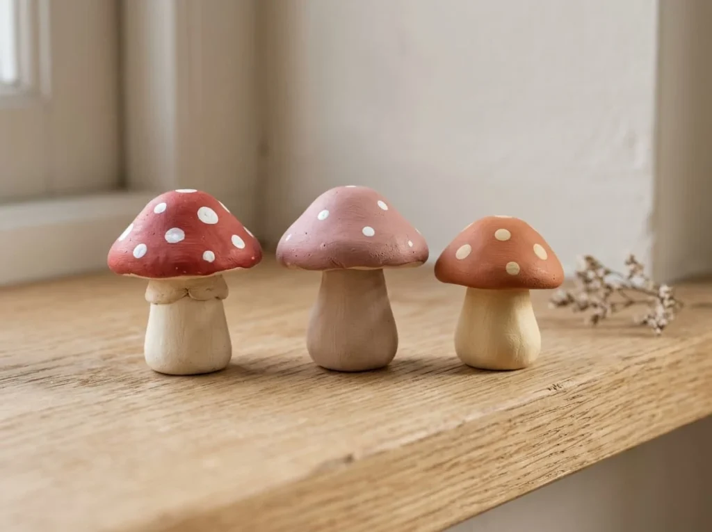 Three handmade miniature air-dry clay mushrooms with rounded painted caps and white decorative spots.