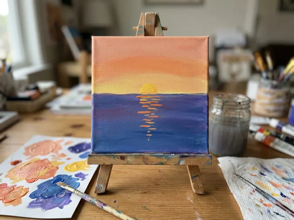 Mini acrylic canvas sunset painting with peach and orange sky reflected in dark blue water.