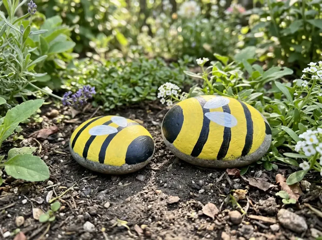 Two handmade yellow and black painted bee stones with white wings displayed beside garden flowers.