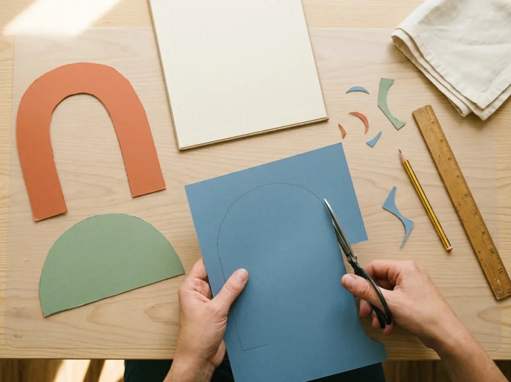 Adult cutting terracotta, sage green, and muted blue cardstock shapes for a simple abstract paper wall art design.