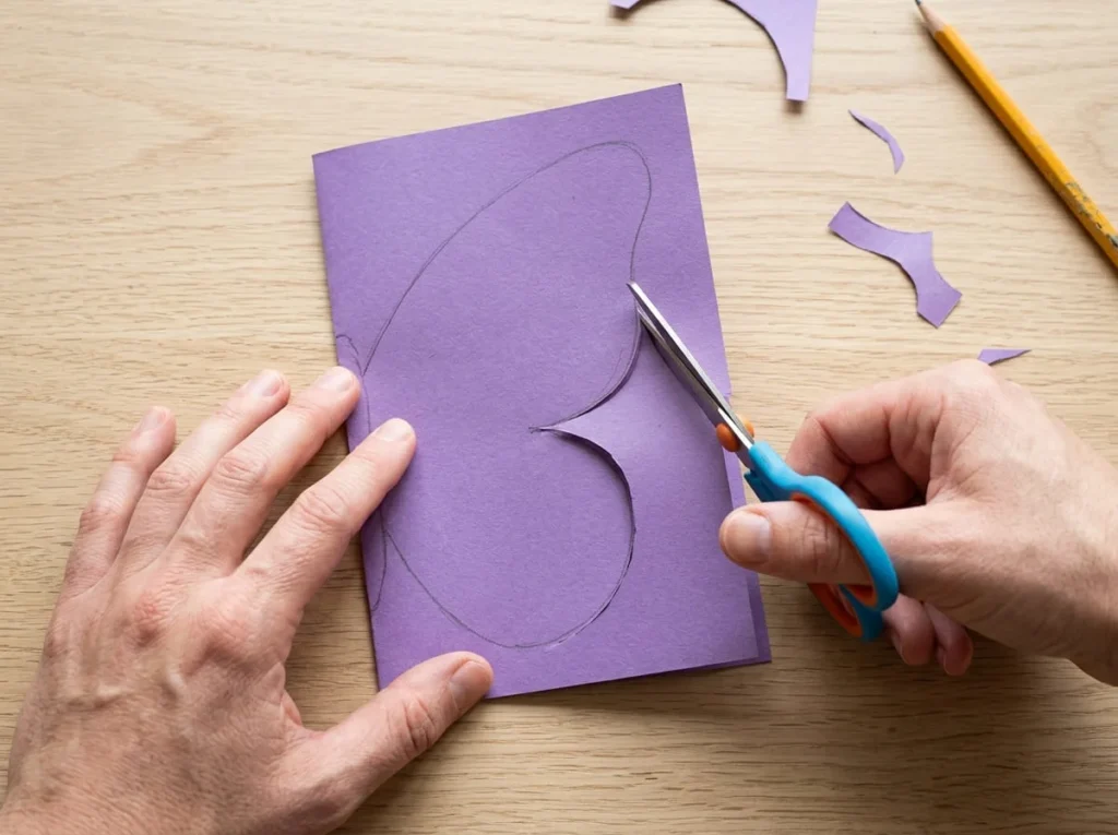 Adult supervised cutting of a folded purple paper butterfly outline using suitable scissors.