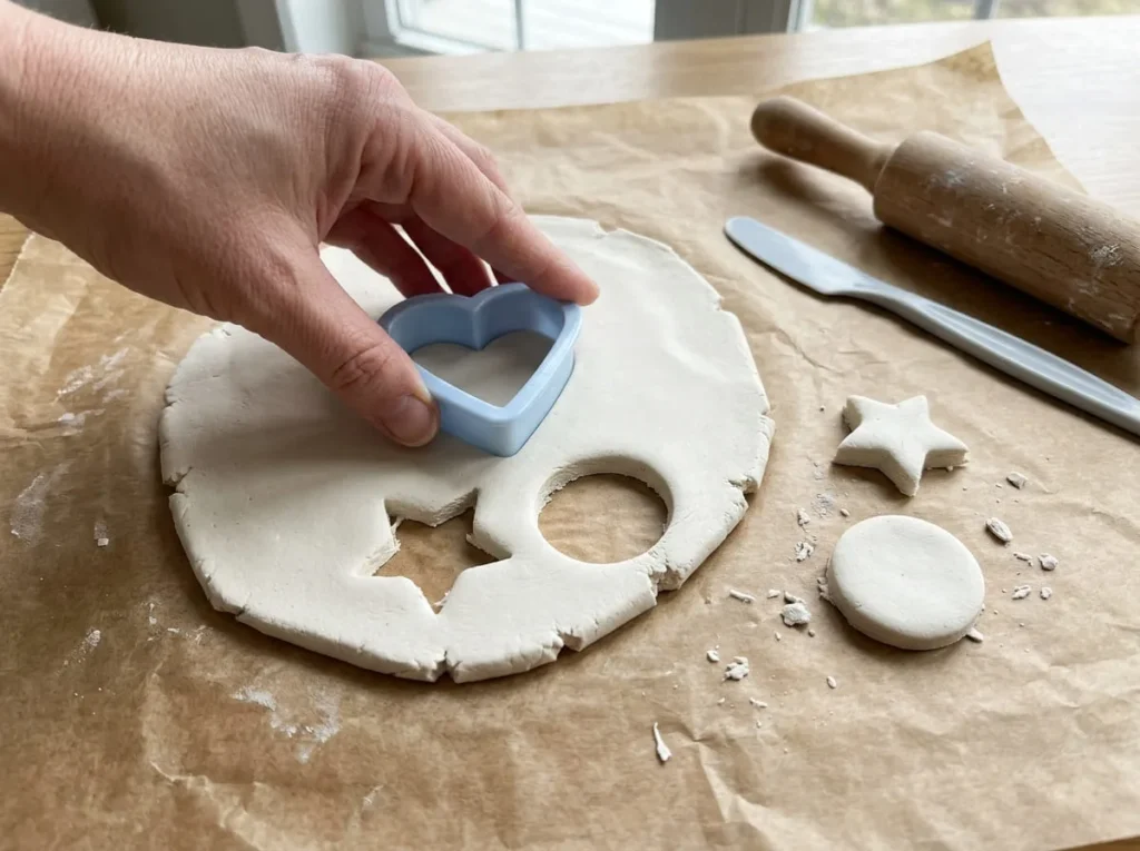 Heart, star, and circle shapes cut from a soft air-dry clay slab using beginner craft cutters.