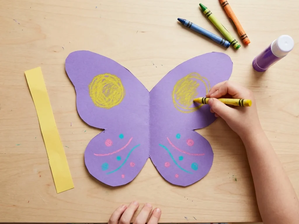Child decorating open purple paper butterfly wings with colorful crayon circles and patterns.