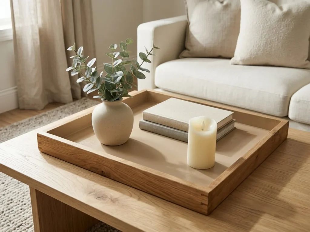 Neutral handmade wooden coffee table tray styled with a small vase, decorative books, and a battery-operated LED candle.