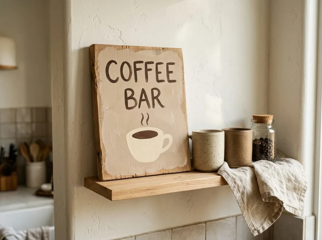 Handmade beige COFFEE BAR wooden sign with dark brown lettering and a painted coffee cup displayed on a kitchen shelf.