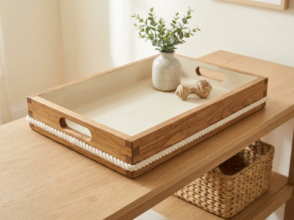 Natural wooden decorative tray with a simple cotton rope border attached around its exterior sides.