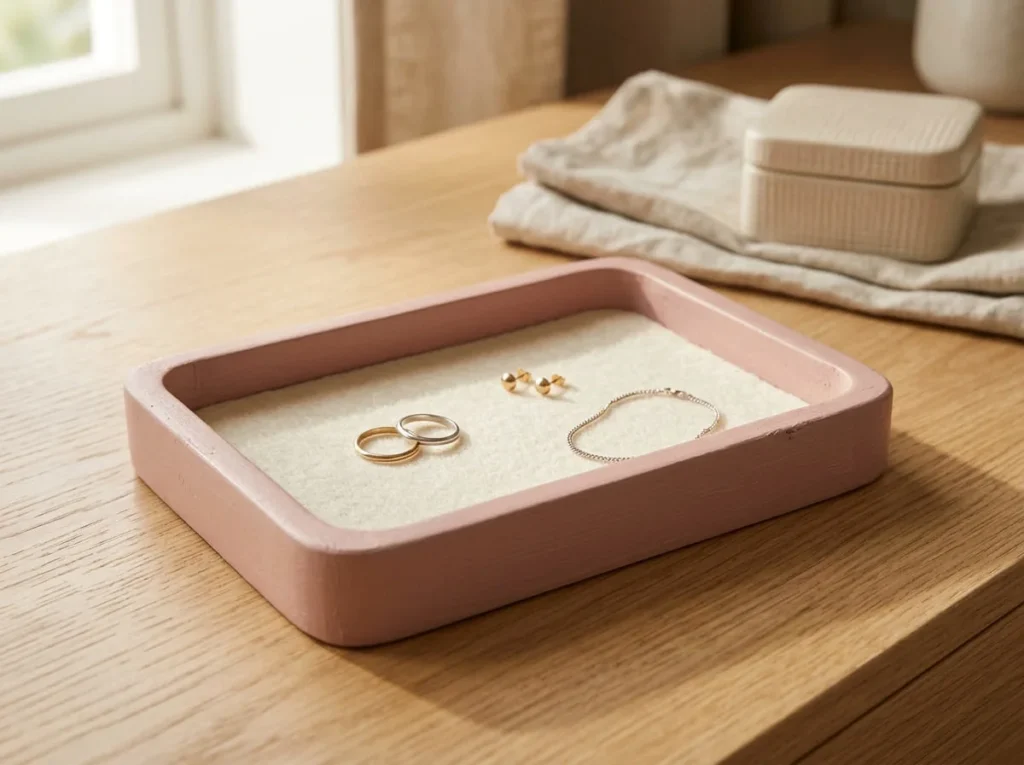 Small dusty pink wooden vanity tray with soft cream felt lining holding lightweight rings and earrings.