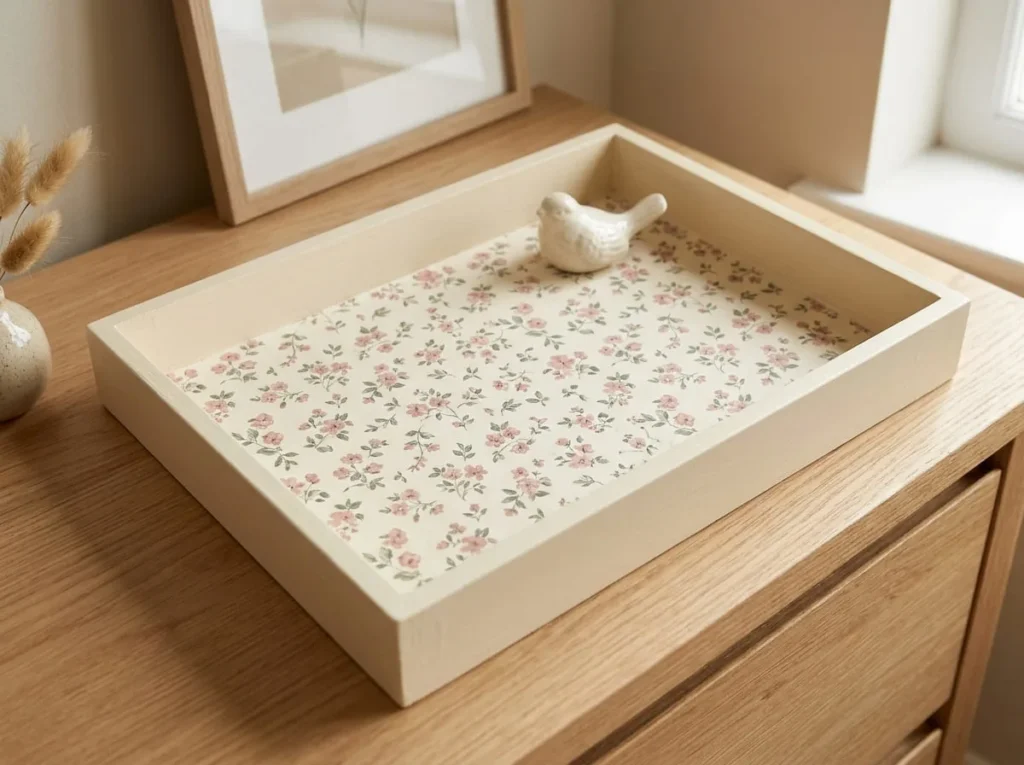 Handmade wooden tray decorated with soft floral decoupage paper neatly attached to the interior base.
