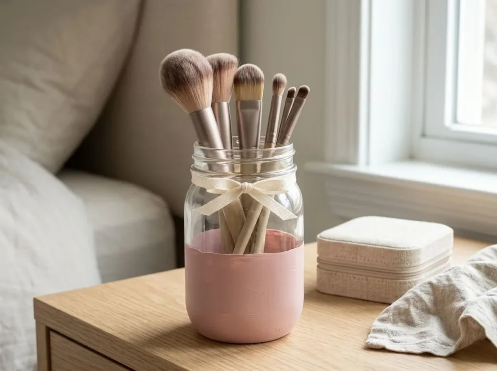 Wide-mouth mason jar with a dusty pink exterior decoration holding clean makeup brushes on a bedroom vanity.
