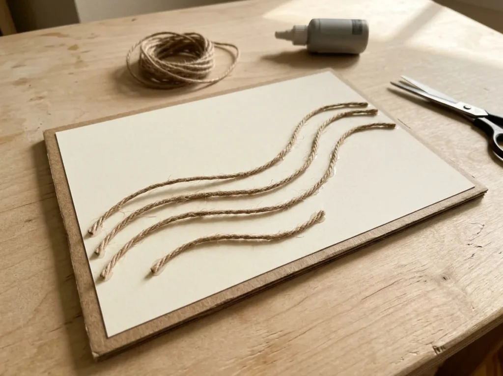 Handmade natural twine line art featuring simple curved patterns attached to a cream cardboard backing.