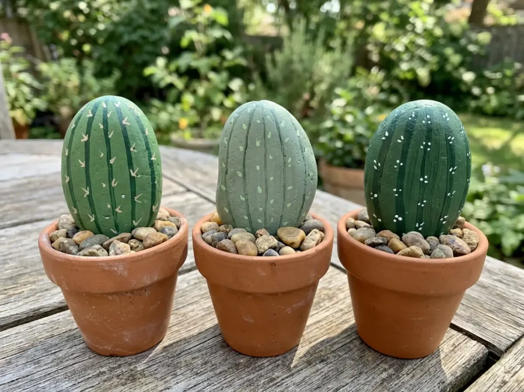 Upright green cactus-painted stones with white spine marks displayed in a terracotta pot filled with pebbles.