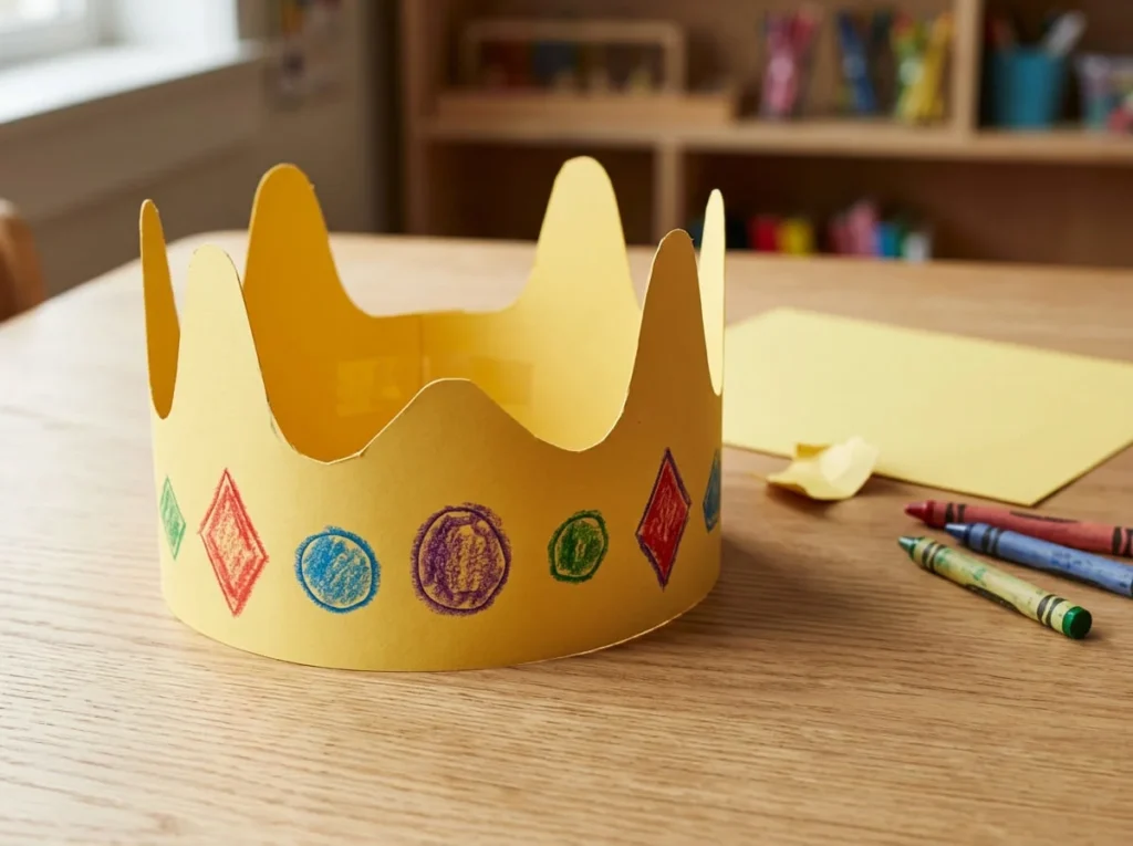 Handmade yellow cardstock crown with broad rounded peaks and colorful crayon jewel drawings.