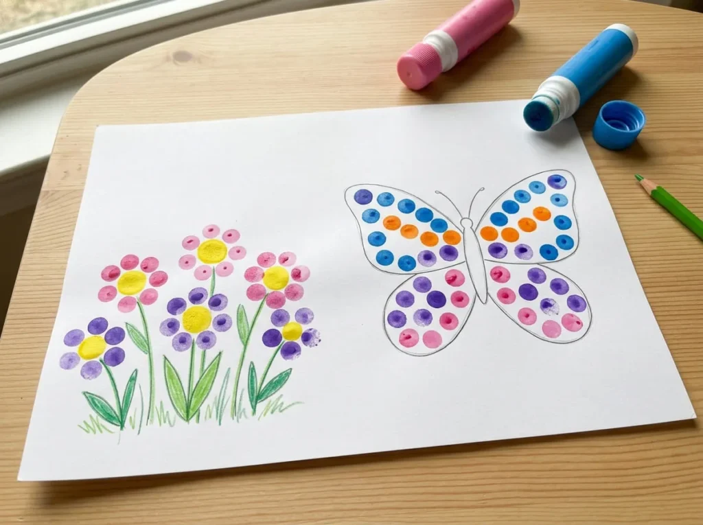 Handmade butterfly and flower garden artwork decorated with colourful dot marker patterns