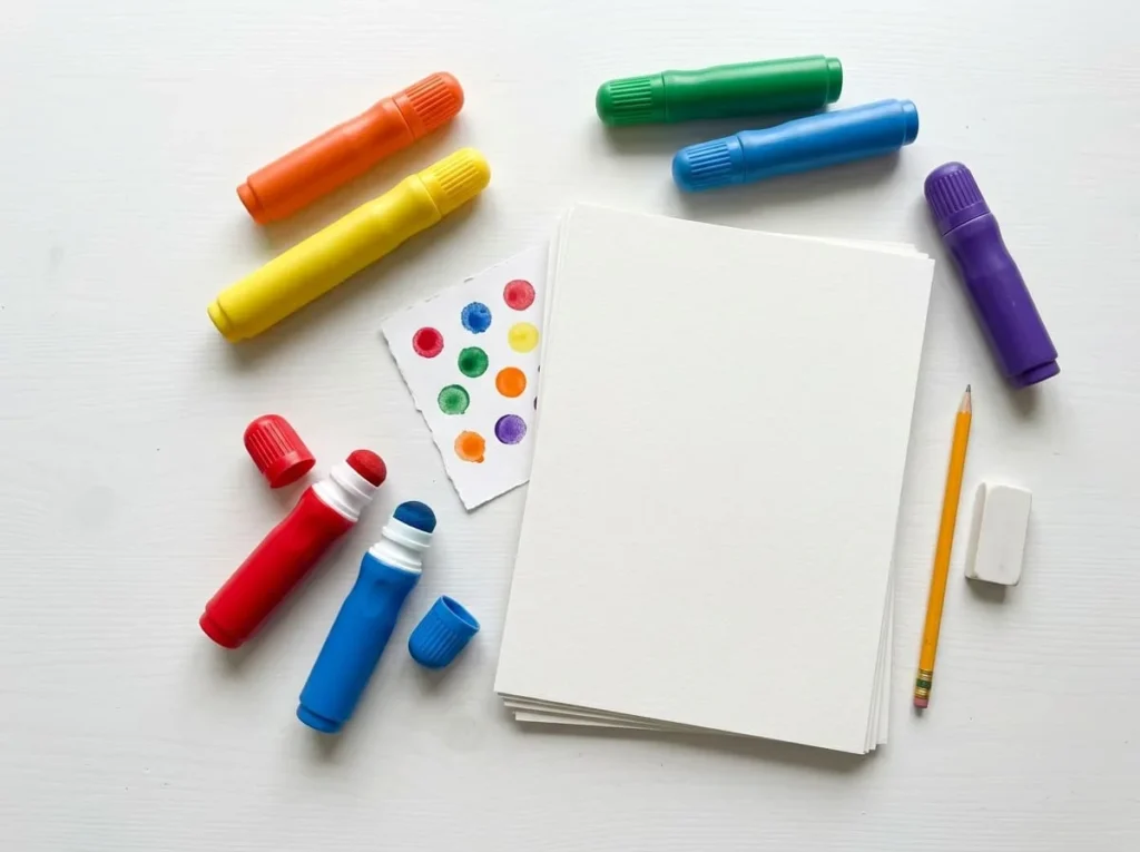 Colourful foam-tipped dot paint markers with paper and basic art supplies