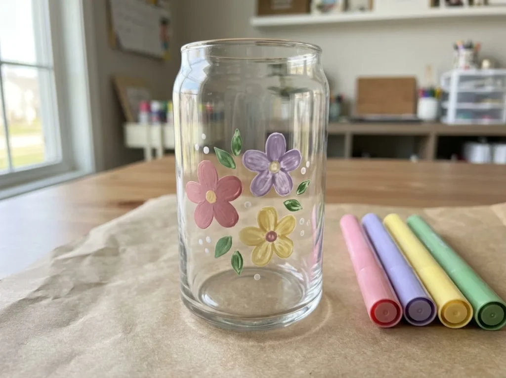 Freshly decorated glass jar with colorful acrylic paint pen flowers resting undisturbed on a protected table.