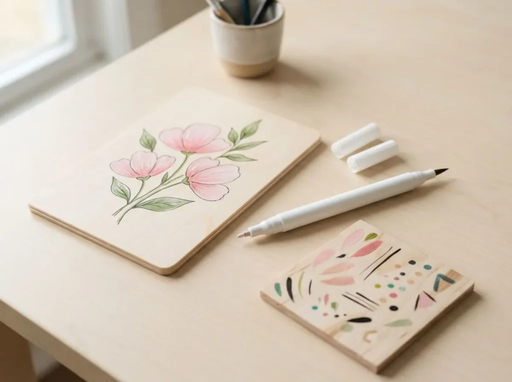 Unbranded dual-tip acrylic paint marker with fine and brush tips beside a wooden floral craft design.